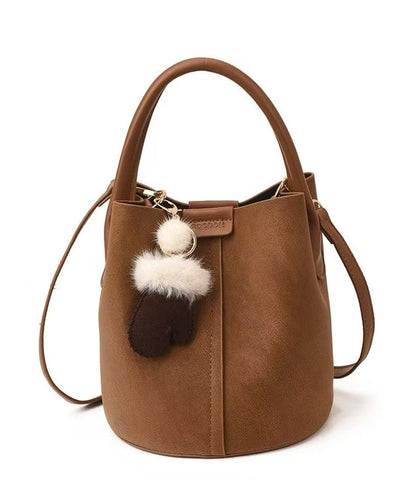 Modern Brown Solid Durable Faux Leather Bucket Bag