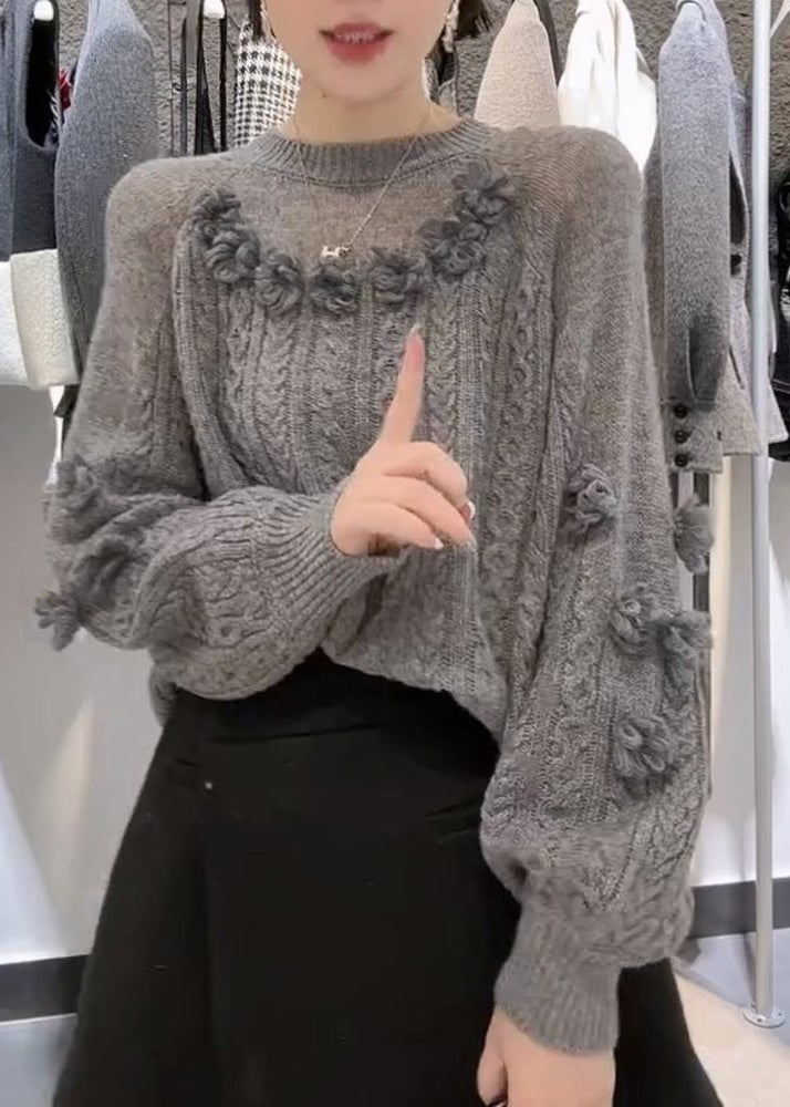 French Grey O Neck Floral Knit Sweaters Fall
