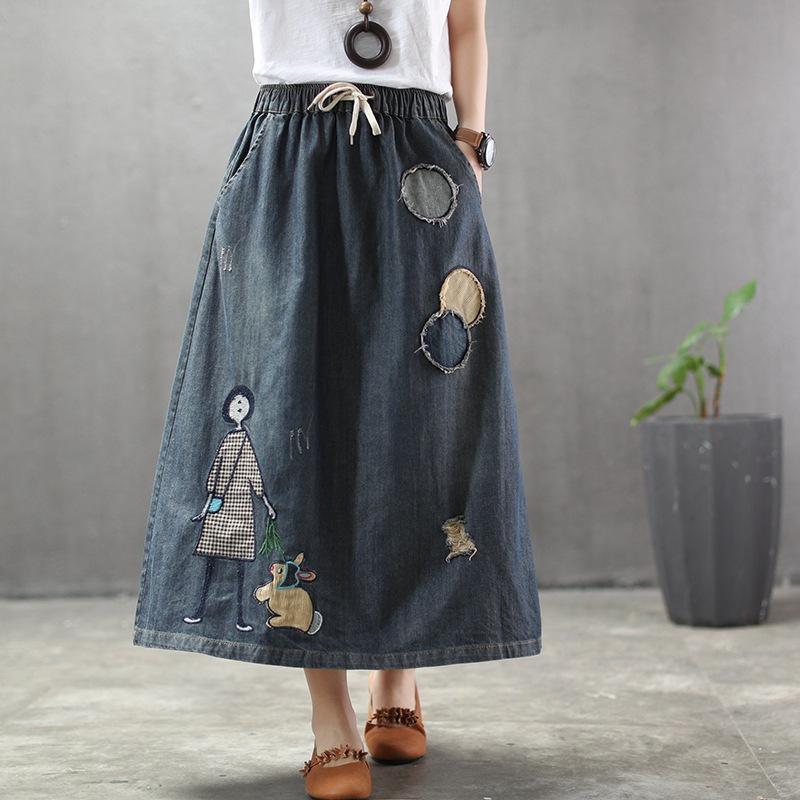 Cozy Thin Cartoon Embroidered Patch Swing  Denim Skirt