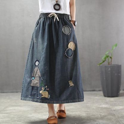 Cozy Thin Cartoon Embroidered Patch Swing  Denim Skirt