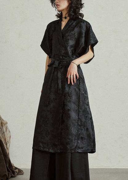 Jacquard Black Tie Waist Solid Silk Maxi Dress Summer