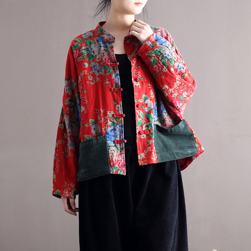 Vintage Blouse Stand Collar Large Flower Long-Sleeved Jacket