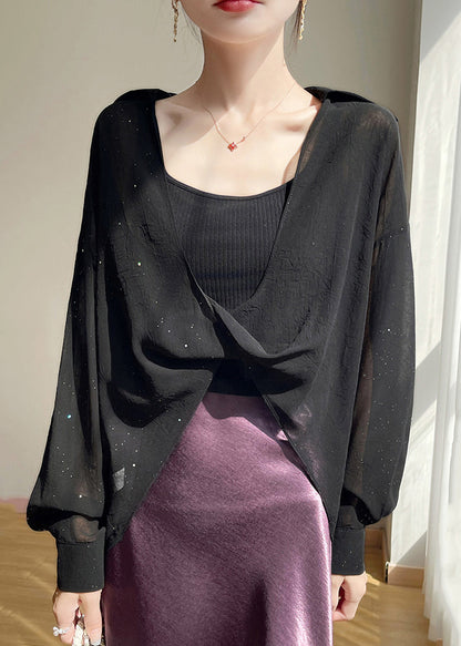 Plus Size Black Peter Pan Collar Solid Chiffon Blouses Fall