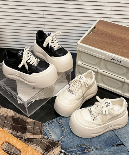 Casual Lace Up Splicing Platform Shoes Beige Cowhide Leather