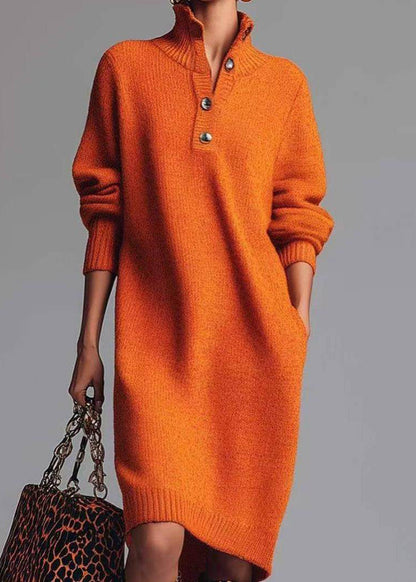 Casual Yellow Peter Pan Collar Pockets Cotton Knit Sweater Dress Spring