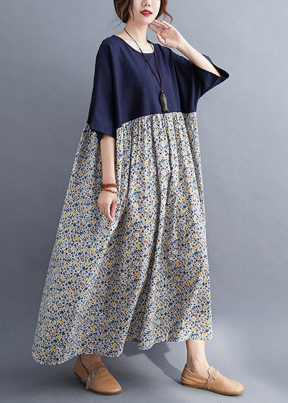 Women Navy O-Neck Print Patchwork Maxi Dresses Half Sleeve