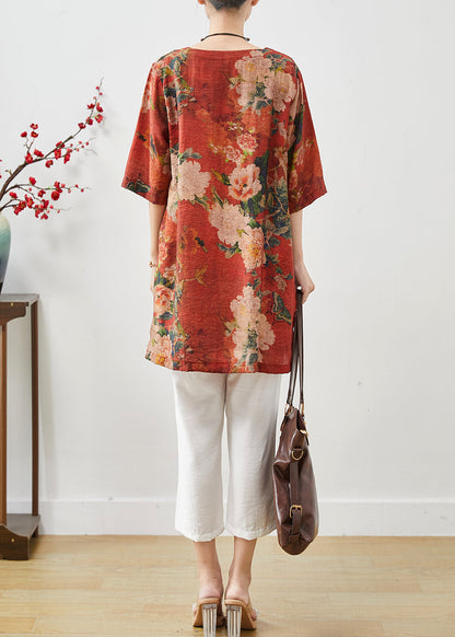 Vintage Red Oversized Print Linen Two-Piece Set Summer