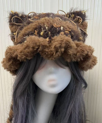 Cute Winter Knitted Patchwork Fuzzy Fur Thick Warm Hat