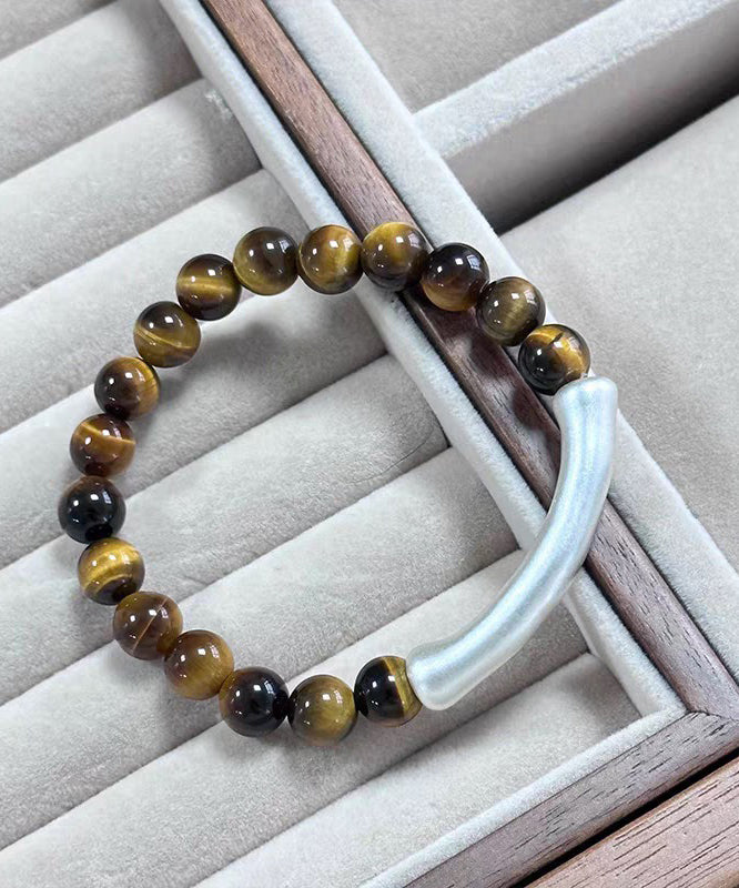 2026 Brown 999 Pure Silver Bend Pipe Patchwork Tiger's Eye Bracelet