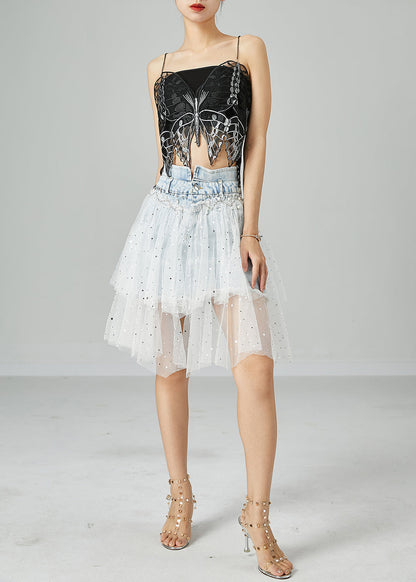 Women Light Blue Elastic Waist Tulle Patchwork Denim Skirts Summer