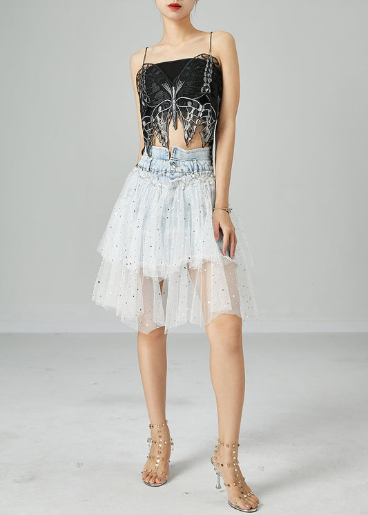 Women Light Blue Elastic Waist Tulle Patchwork Denim Skirts Summer