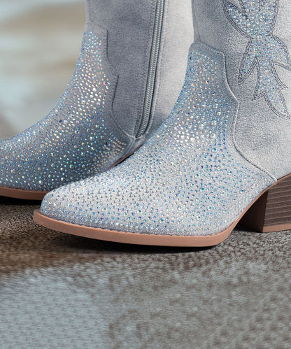 Grey Zippered Boots Chunky Suede Soft Pointed Toe Zircon Boots