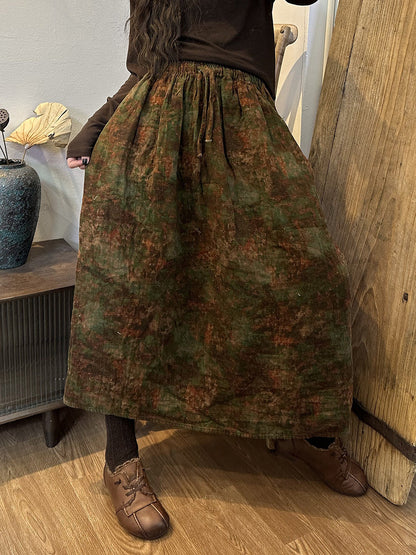 Winter Women Vintage Drawstring Print Cotton Skirt