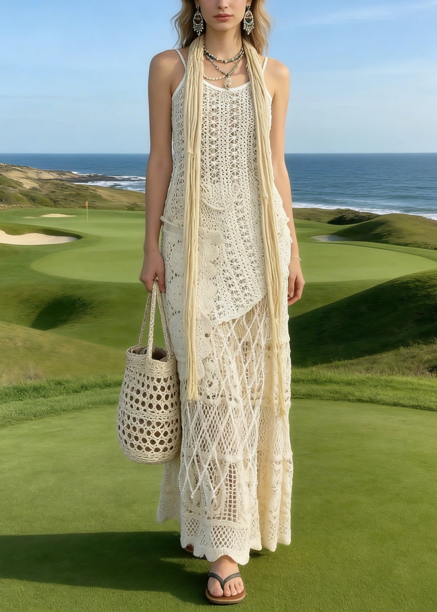 Bohemian Apricot Asymmetrical Lace Knit Two Piece Suit Set Summer