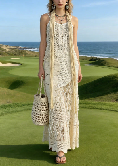 Bohemian Apricot Asymmetrical Lace Knit Two Piece Suit Set Summer