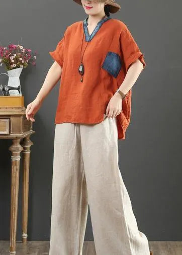 French orange linen tops women v neck pockets silhouette shirt