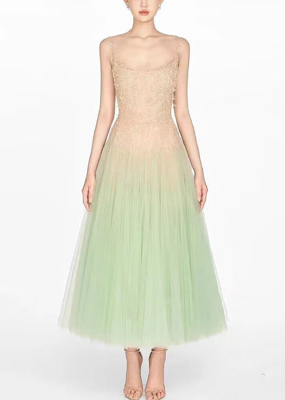 Sexy Green Sequins Lace Patchwork Tulle Spaghetti Strap Dress Sleeveless