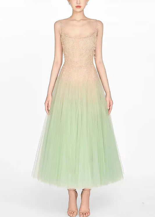 Sexy Green Sequins Lace Patchwork Tulle Spaghetti Strap Dress Sleeveless