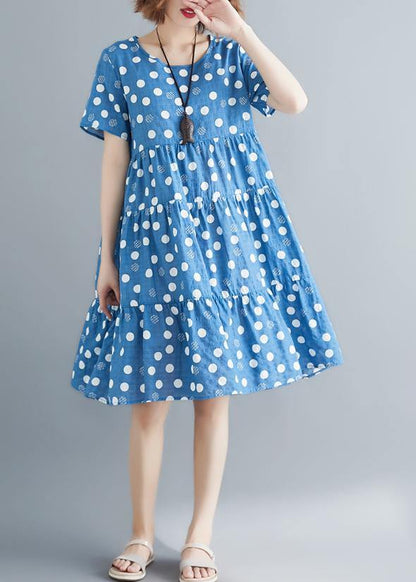 Bohemian o neck Cinched cotton linen blue print Dresses summer