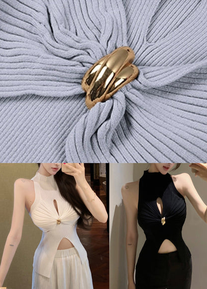 Sexy White Front Open Hollow Out Knit Tanks Summer