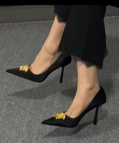 French Black Faux Leather Splicing High Heels Pointed Toe