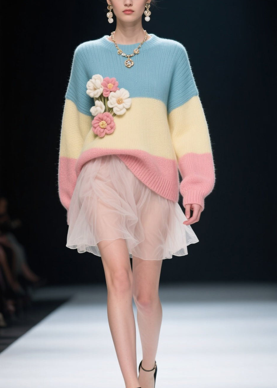 Boutique Colorblock O Neck Floral Knitwear Sweater Fall