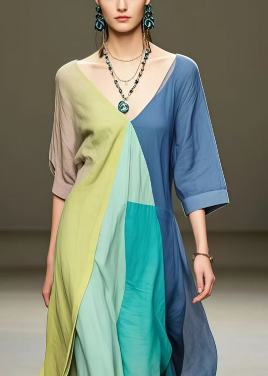 Chic Colorblock Asymmetrical Exra Large Hem Cotton Maxi Dresses Summer