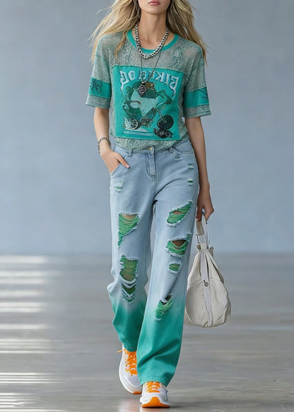 Casual Green O-Neck Print Hole Denim T Shirt And Straight Pants Two Pieces Set Short Sleeve