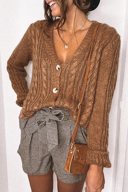 Solid V-Neck Cardigan Knitted Sweater