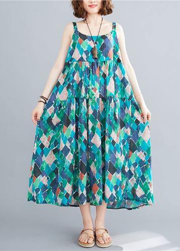 DIY green print cotton linen dress Spaghetti Strap patchwork A Line summer Dress