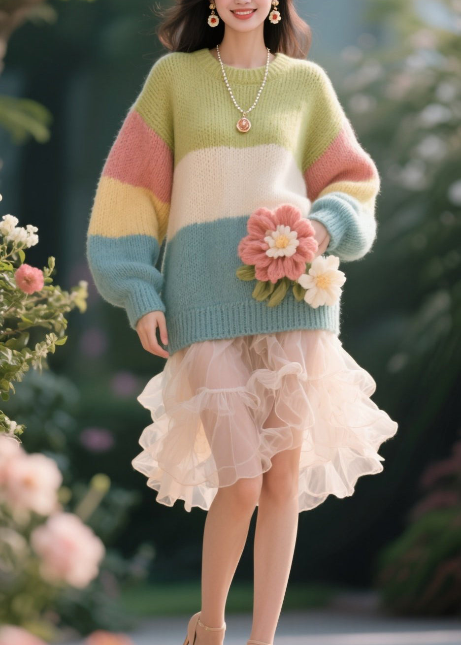 Original Design Colorblock O Neck Floral Knit Pullover Fall