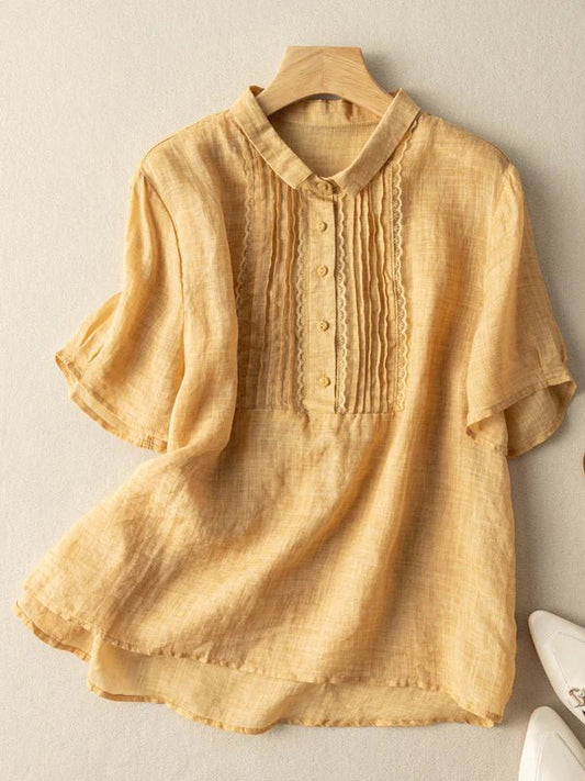 Solid Color Short Sleeve Casual Linen Pleated Top