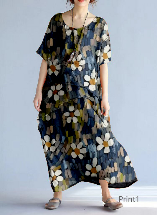 baggy Print2 long linen dresses oversized layered cotton maxi dress vintage short sleeve cotton clothing