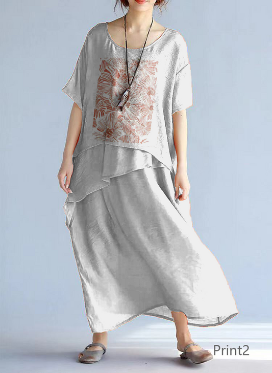 baggy Print3 long linen dresses oversized layered cotton maxi dress vintage short sleeve cotton clothing