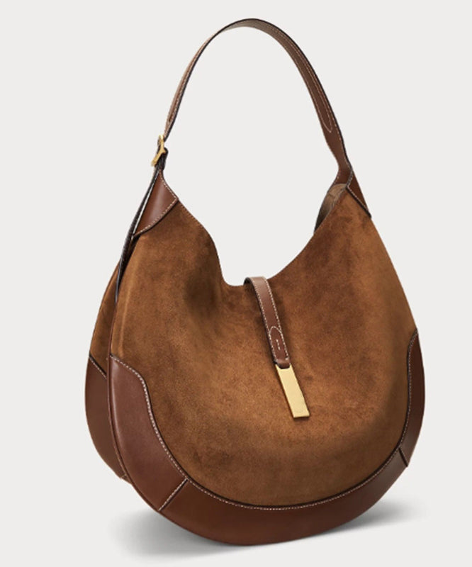 Elegant Brown Patchwork Solid Durable Fine Suede Saddle Bag