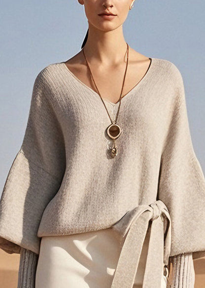 Classy V Neck Lace Up Knit Short Sweater Top Spring