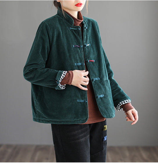 Stand Collar Corduroy Buckle Solid Stripe Thermal Jacket