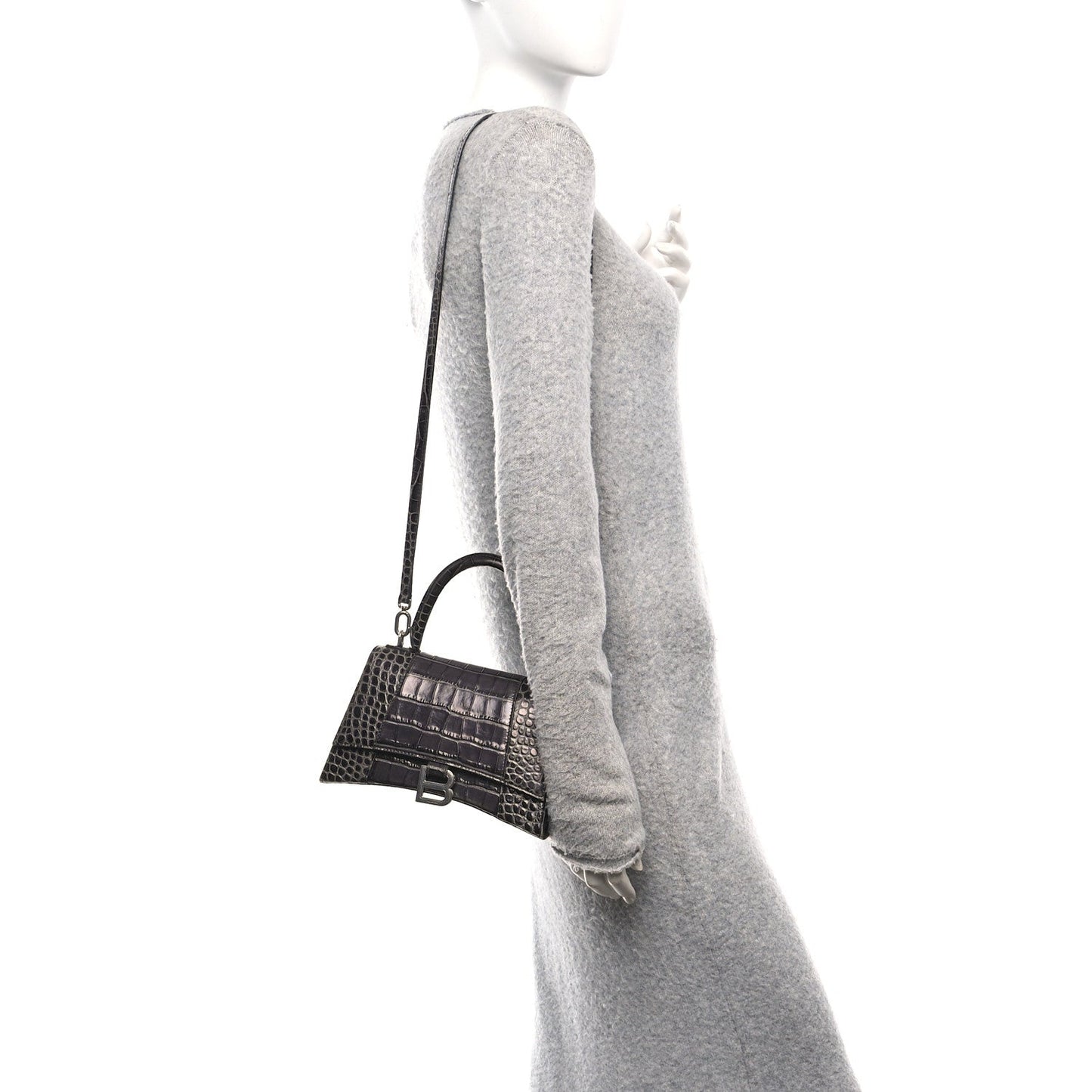 Shiny Calfskin Crocodile Embossed Small Hourglass Top Handle Bag Dark Grey