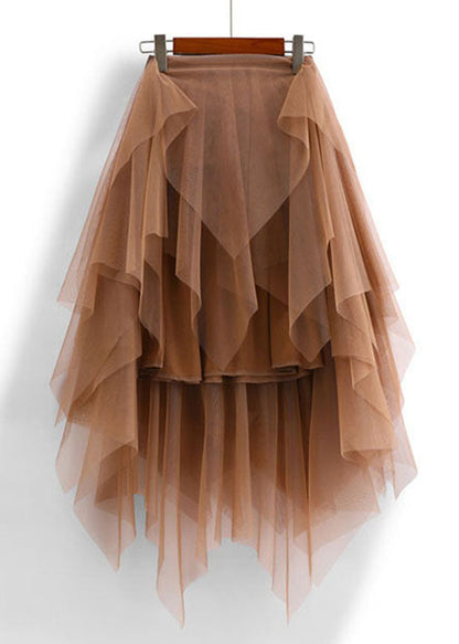 Casual Coffee Asymmetric Design Elastic Waist Tulle Skirts Spring
