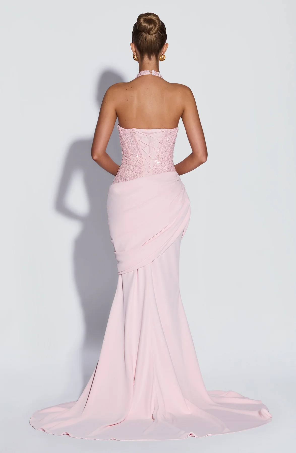 Luxury Champagne Gold Sequin Halter Backless Mermaid Evening Gown | Waist-Cinching Slimming Elegant Long Wedding Guest Dress