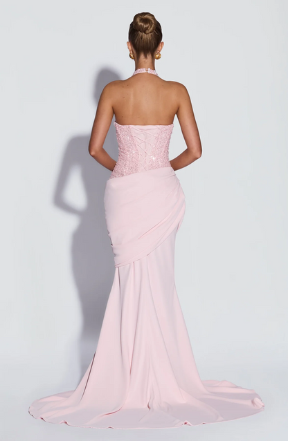 Luxury Champagne Gold Sequin Halter Backless Mermaid Evening Gown | Waist-Cinching Slimming Elegant Long Wedding Guest Dress