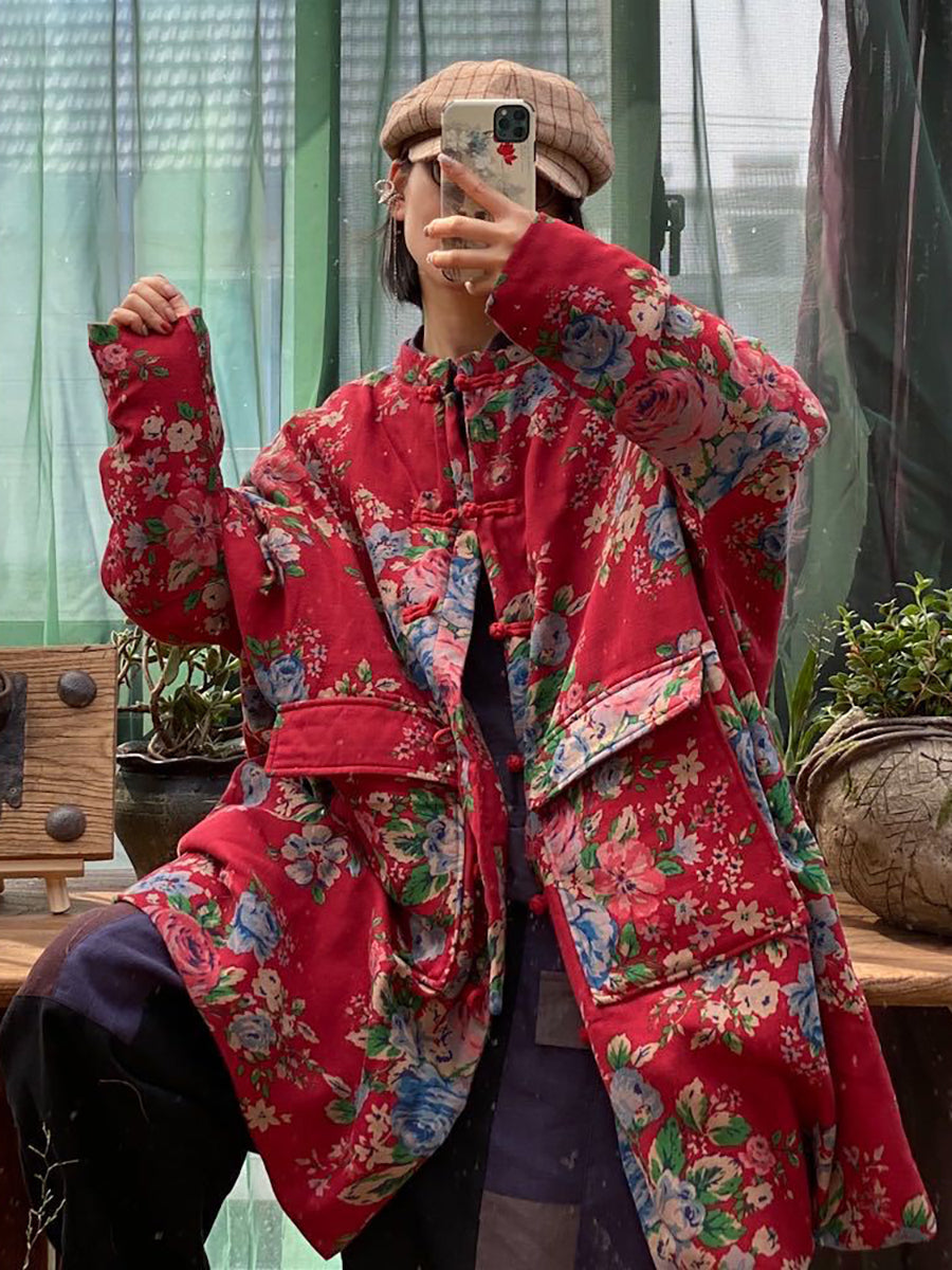 Oversize Women Pockets Print Cotton Coat
