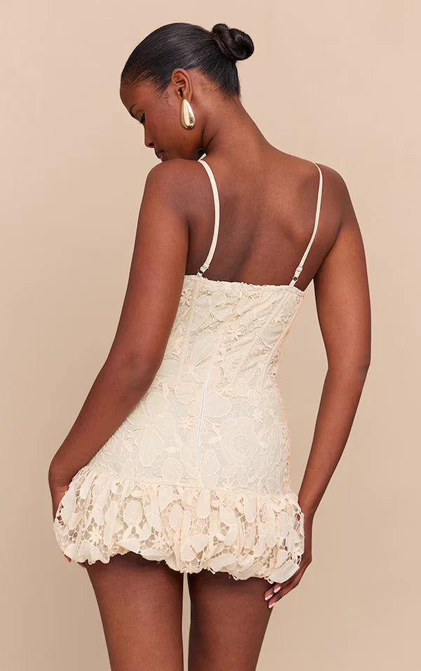 Butter Yellow Floral Cup Detail Extreme Puffball Hem Dress