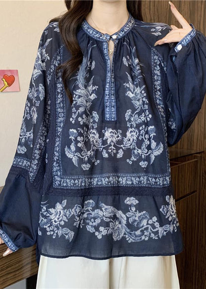 Stylish Navy Oversized Print Cotton Shirt Top Fall