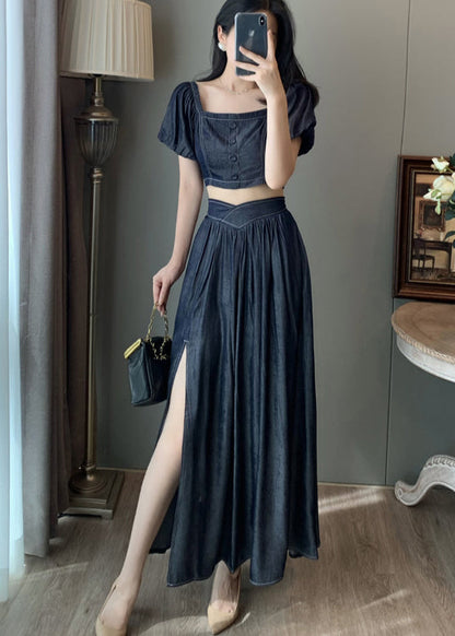 Elegant Navy Square Collar Side Open Denim Two-Piece Set Summer