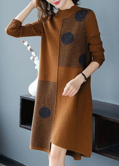 Fashion Coffee High Neck Asymmetrical Design Knit Sweater Dress Long Sleeve