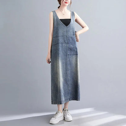 Vintage Literary Washed V-Neck Sleeveless Denim Dress