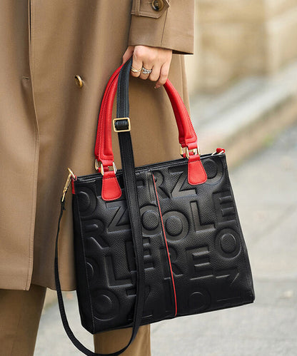 Classy Black Letter Embossed Calf Leather Tote Bag
