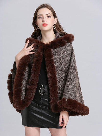 Hooded Winter Coat Faux Fur Long Sleeve Open Front Luxurious Cape Coat For Women