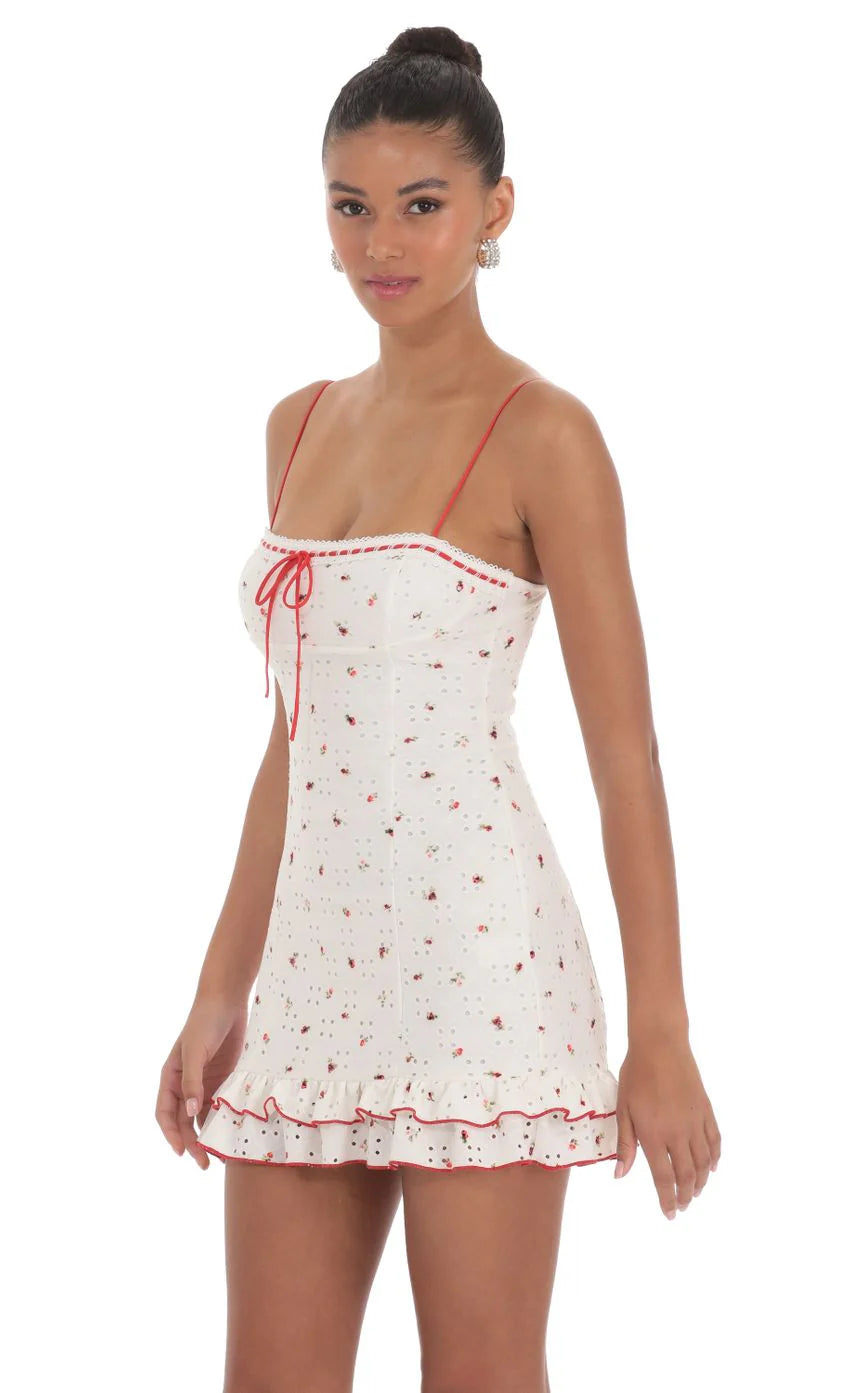 Floral Eyelet Ruffle Dress in White